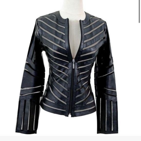Madonna leather long sleeve mesh cut out zip jacket by Belgin Francis s